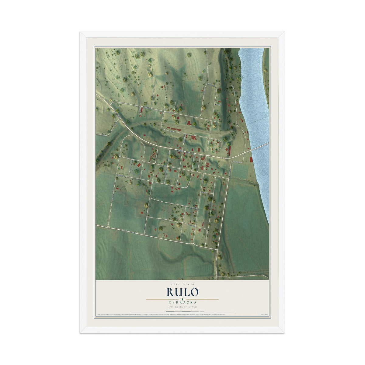 Map of Rulo, Nebraska, 12 x 18 inch print in a white wood frame
