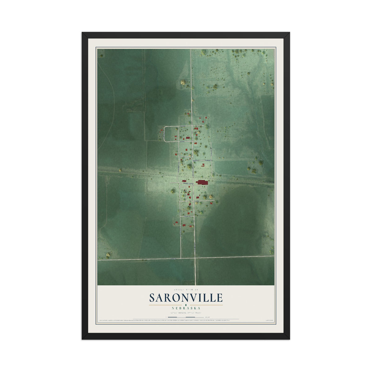 Map of Saronville, Nebraska, 12 x 18 inch print in a black wood frame