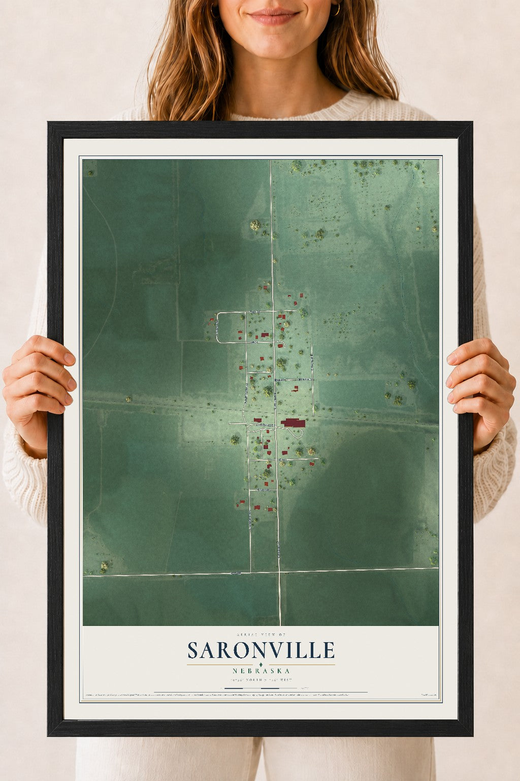 Map of Saronville, Nebraska, 18 x 24 inch print in a black wood frame
