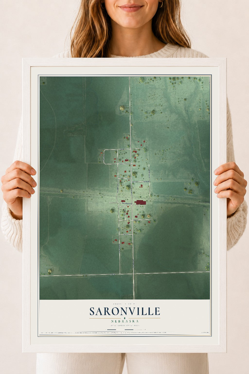 Map of Saronville, Nebraska, 18 x 24 inch print in a white wood frame