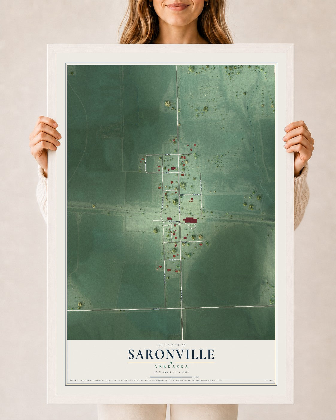 Map of Saronville, Nebraska, 24 x 36 inch print in a white wood frame