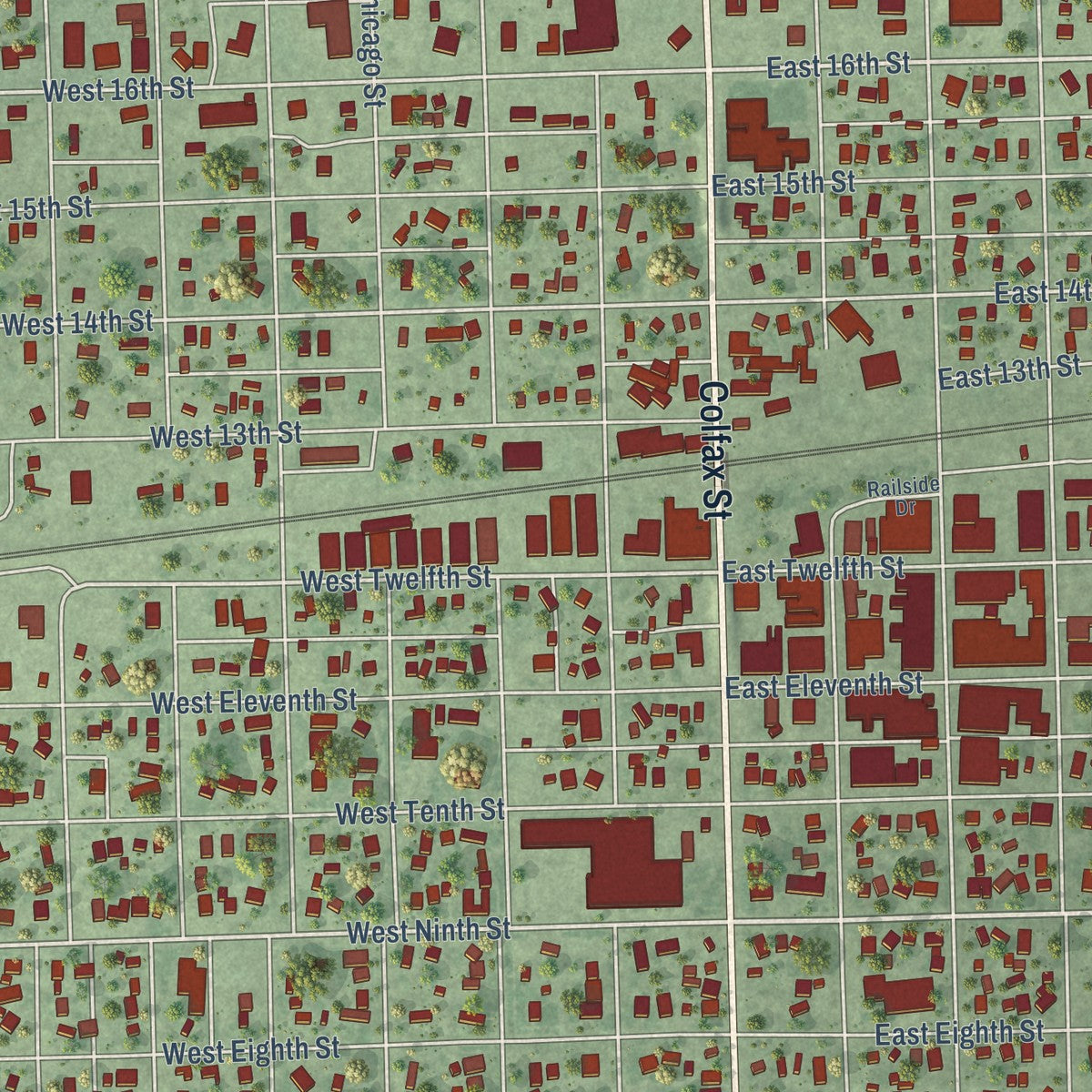 Close-up of the map of Schuyler, Nebraska print showing street and building detail