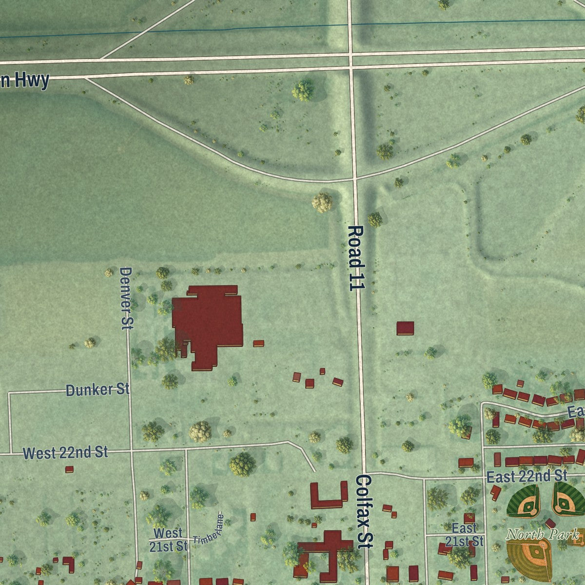 Second close-up of the map of Schuyler, Nebraska print showing more streets and buildings