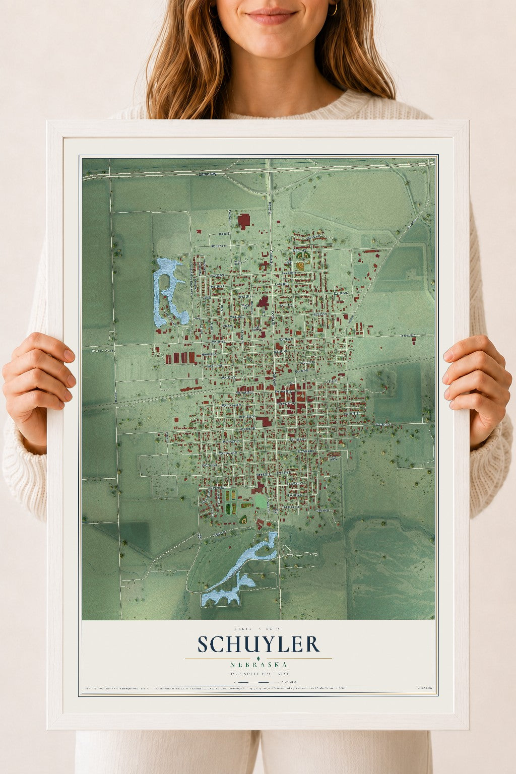 Map of Schuyler, Nebraska, 18 x 24 inch print in a white wood frame