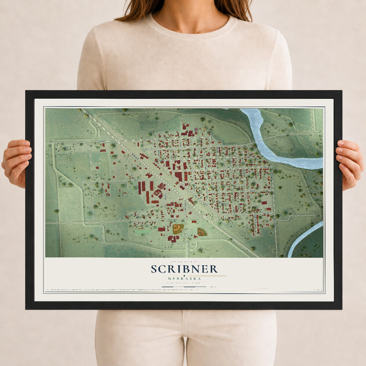 Map of Scribner, Nebraska, 12 x 18 inch print in a black wood frame