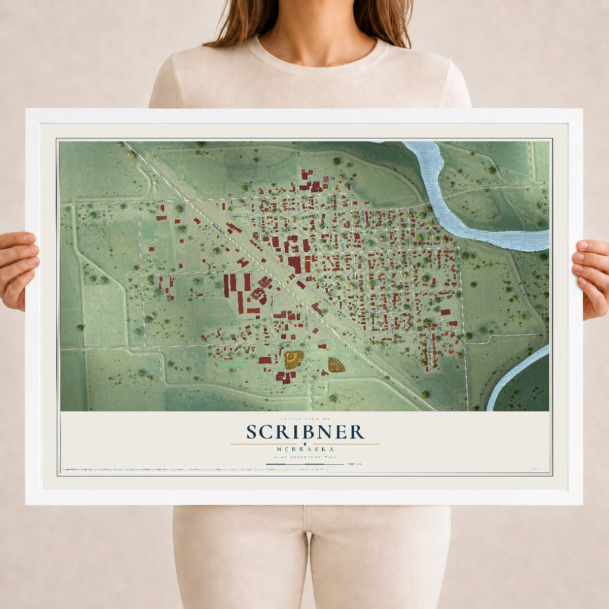 Map of Scribner, Nebraska, 18 x 24 inch print in a white wood frame
