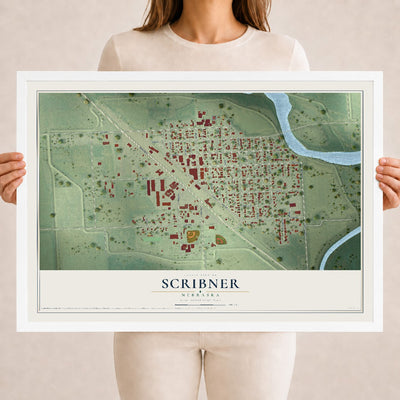 Map of Scribner, Nebraska, 18 x 24 inch print in a white wood frame