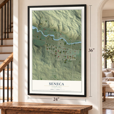 Seneca, Nebraska map, 24 x 36 inch print in a black frame by a staircase