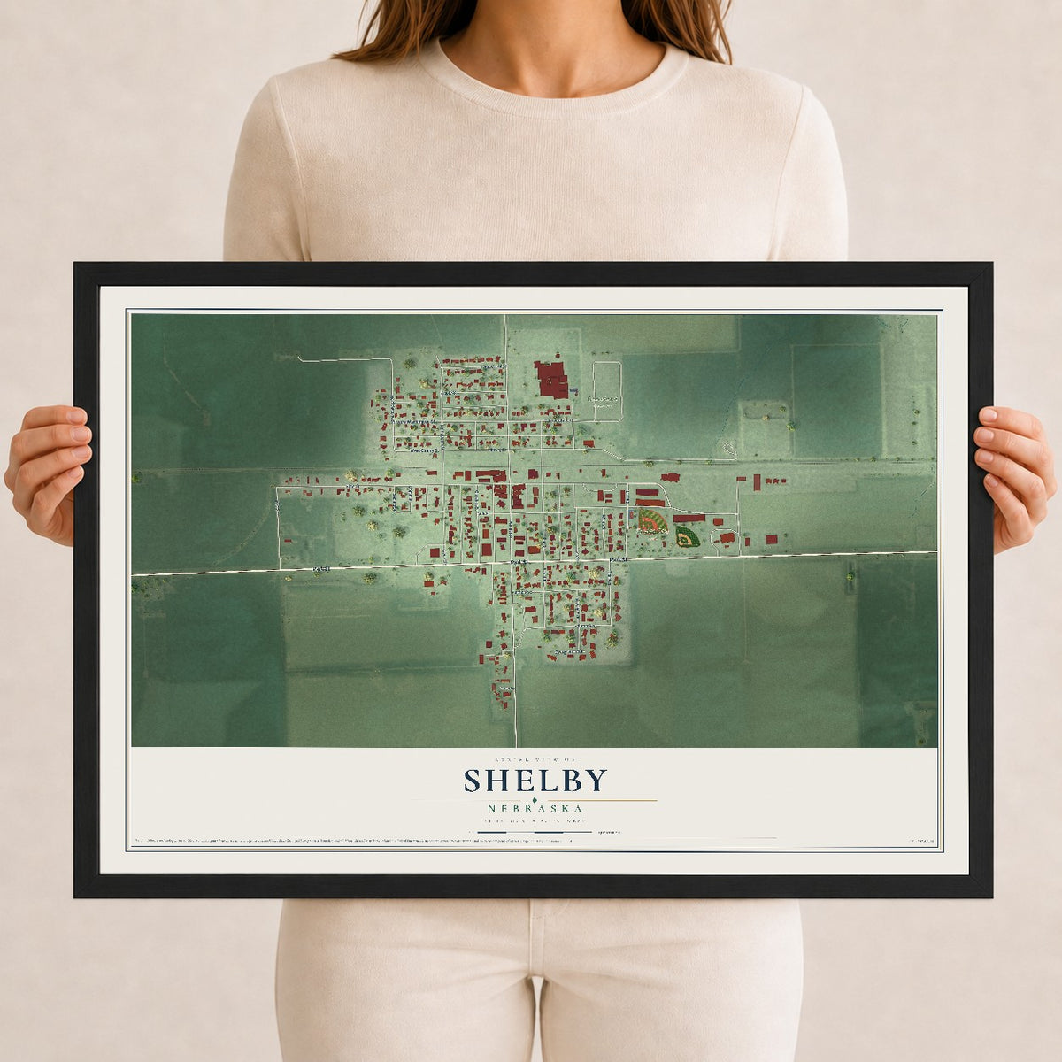 Map of Shelby, Nebraska, 12 x 18 inch print in a black wood frame