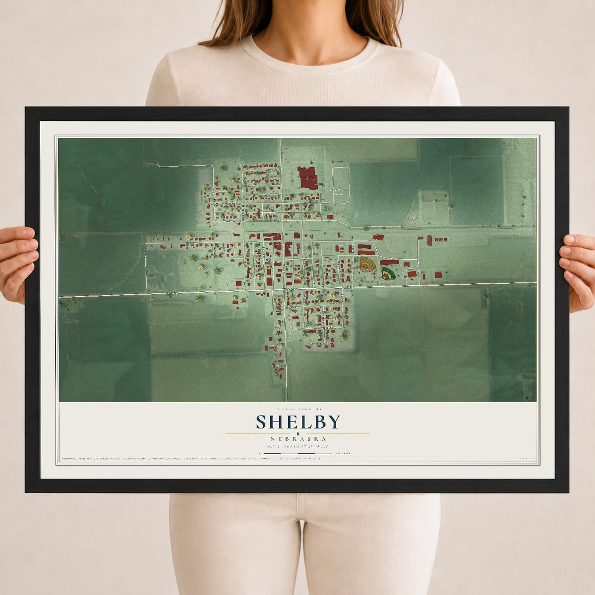 Map of Shelby, Nebraska, 18 x 24 inch print in a black wood frame