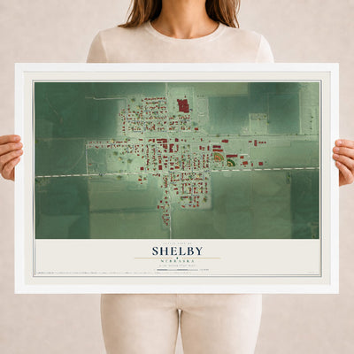 Map of Shelby, Nebraska, 18 x 24 inch print in a white wood frame