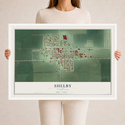 Map of Shelby, Nebraska, 24 x 36 inch print in a white wood frame