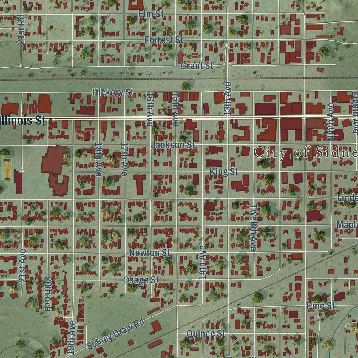 Close-up of the map of Sidney, Nebraska print showing street and building detail