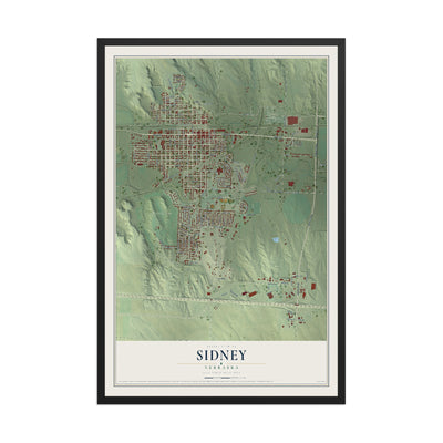 Map of Sidney, Nebraska, 12 x 18 inch print in a black wood frame