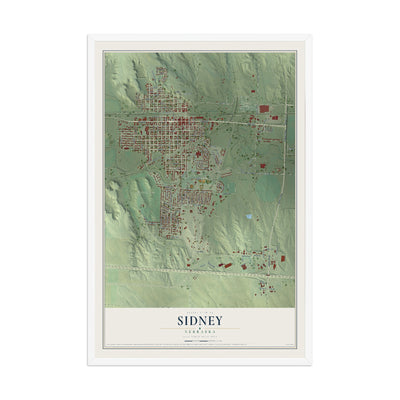 Map of Sidney, Nebraska, 12 x 18 inch print in a white wood frame