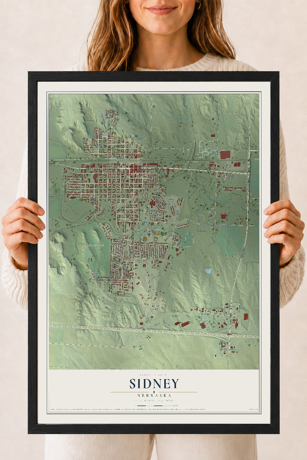 Map of Sidney, Nebraska, 18 x 24 inch print in a black wood frame