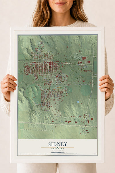 Map of Sidney, Nebraska, 18 x 24 inch print in a white wood frame