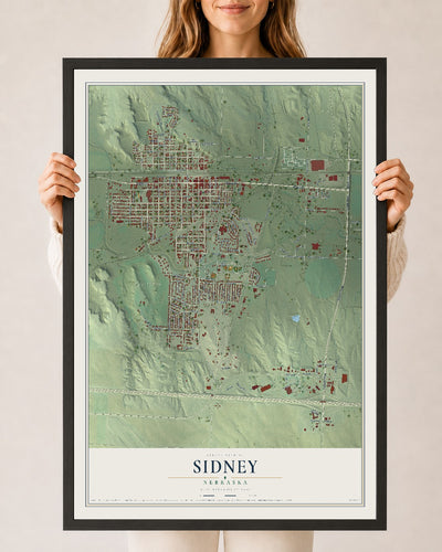 Map of Sidney, Nebraska, 24 x 36 inch print in a black wood frame