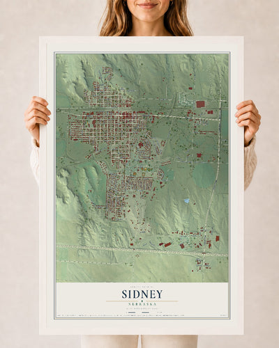 Map of Sidney, Nebraska, 24 x 36 inch print in a white wood frame