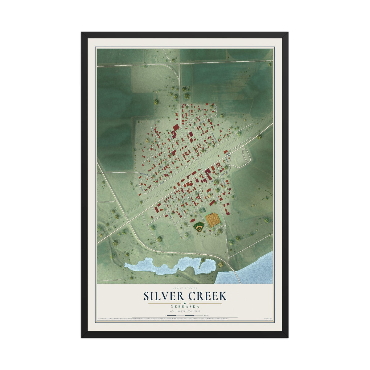Map of Silver Creek, Nebraska, 12 x 18 inch print in a black wood frame