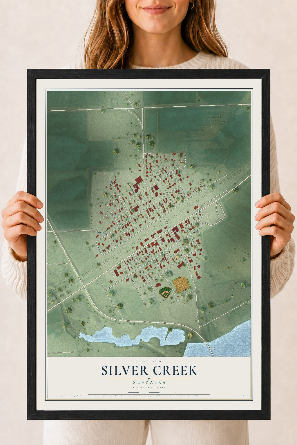 Map of Silver Creek, Nebraska, 18 x 24 inch print in a black wood frame