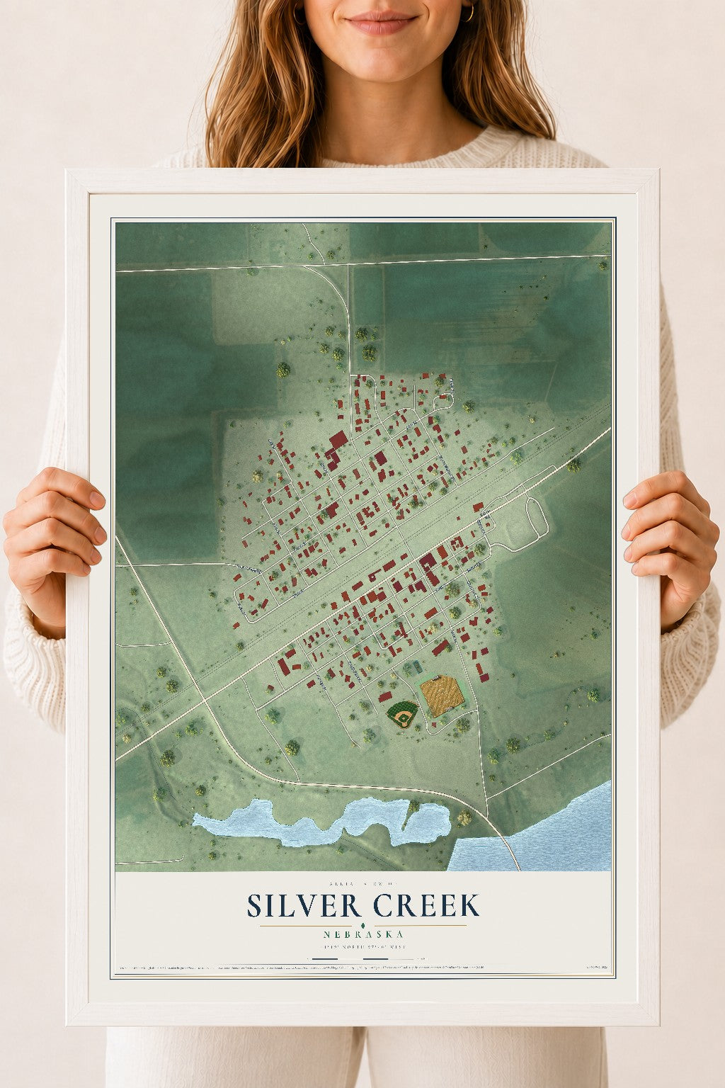 Map of Silver Creek, Nebraska, 18 x 24 inch print in a white wood frame
