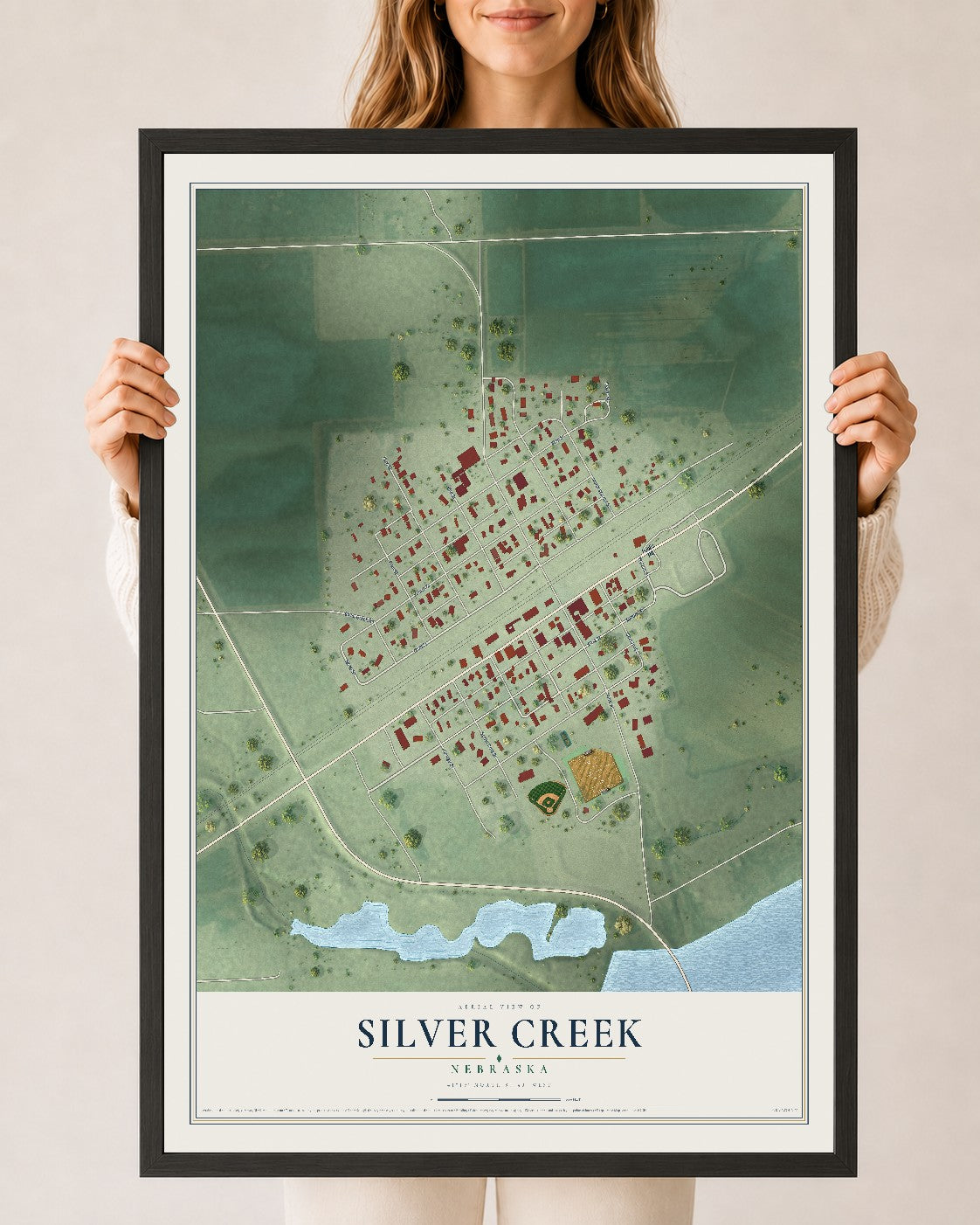 Map of Silver Creek, Nebraska, 24 x 36 inch print in a black wood frame