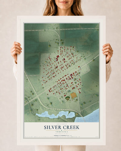 Map of Silver Creek, Nebraska, 24 x 36 inch print in a white wood frame
