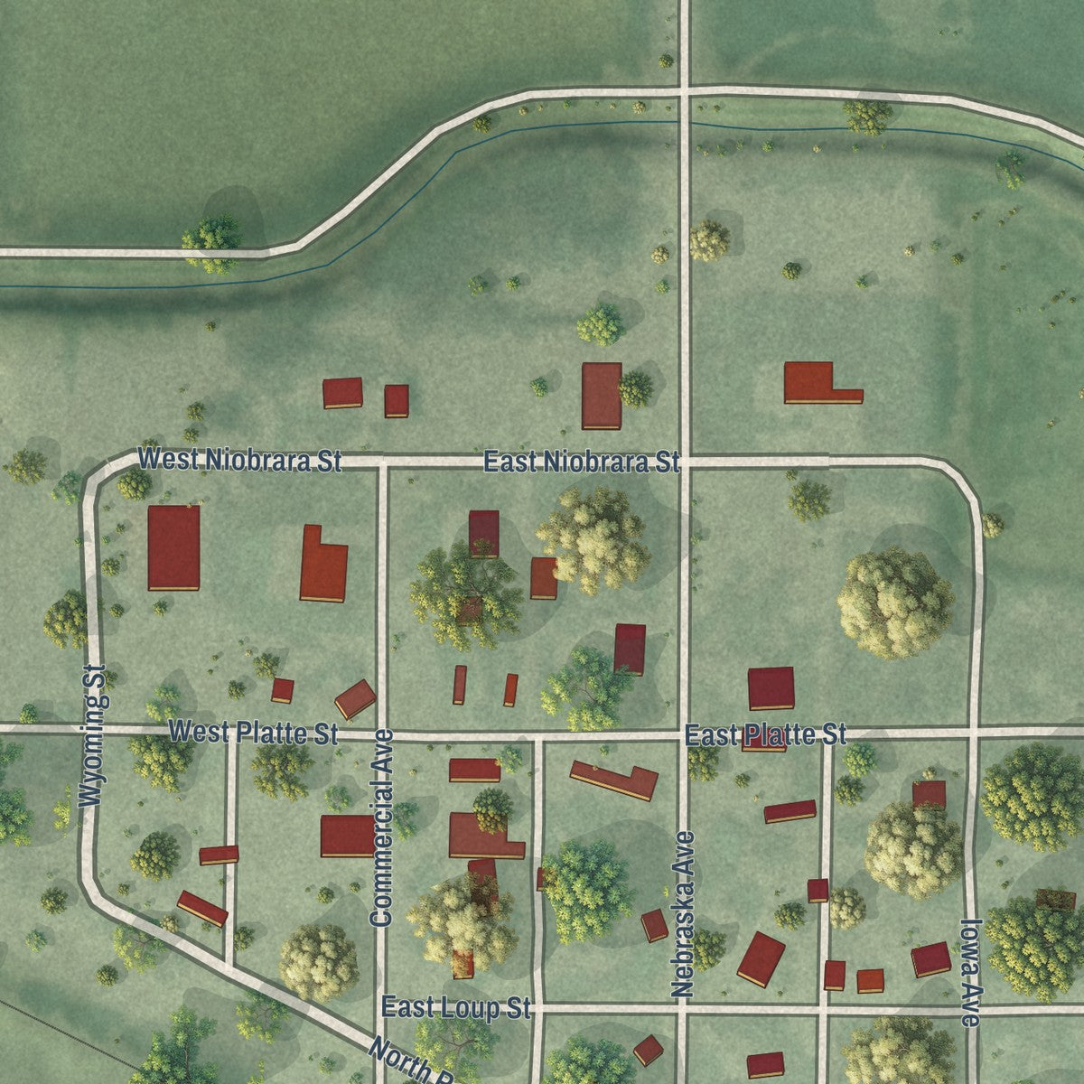 Close-up of the map of Smithfield, Nebraska print showing street and building detail