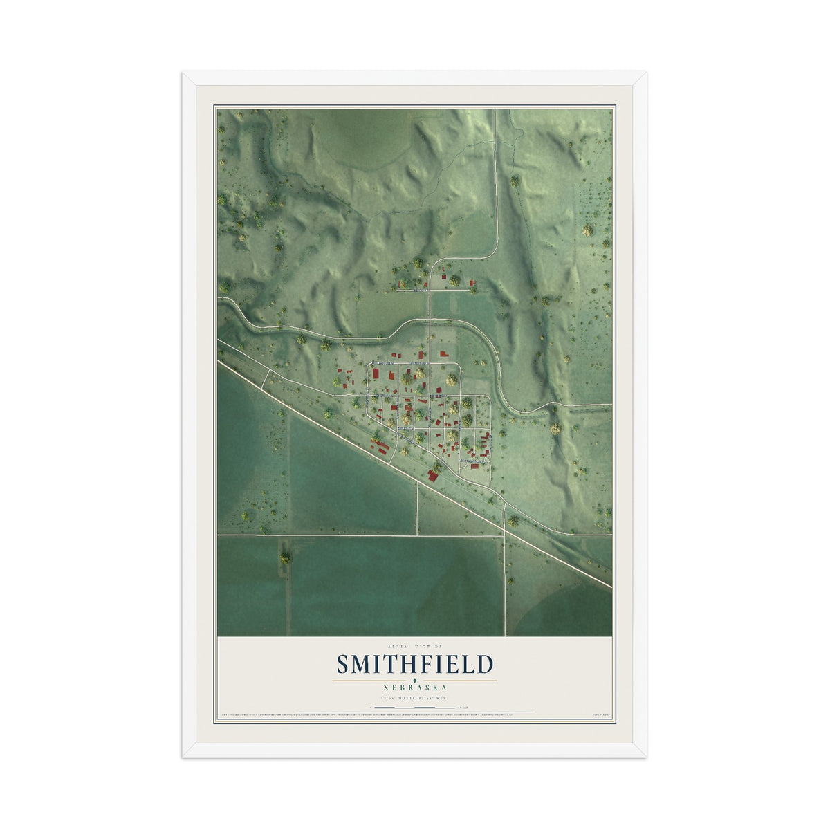 Map of Smithfield, Nebraska, 12 x 18 inch print in a white wood frame