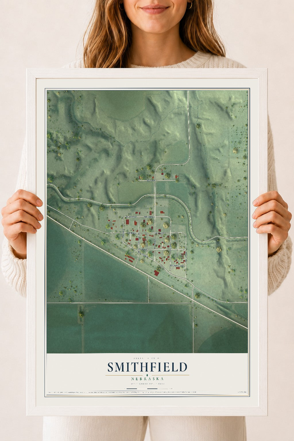 Map of Smithfield, Nebraska, 18 x 24 inch print in a white wood frame