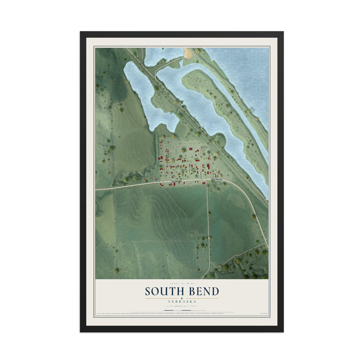 Map of South Bend, Nebraska, 12 x 18 inch print in a black wood frame