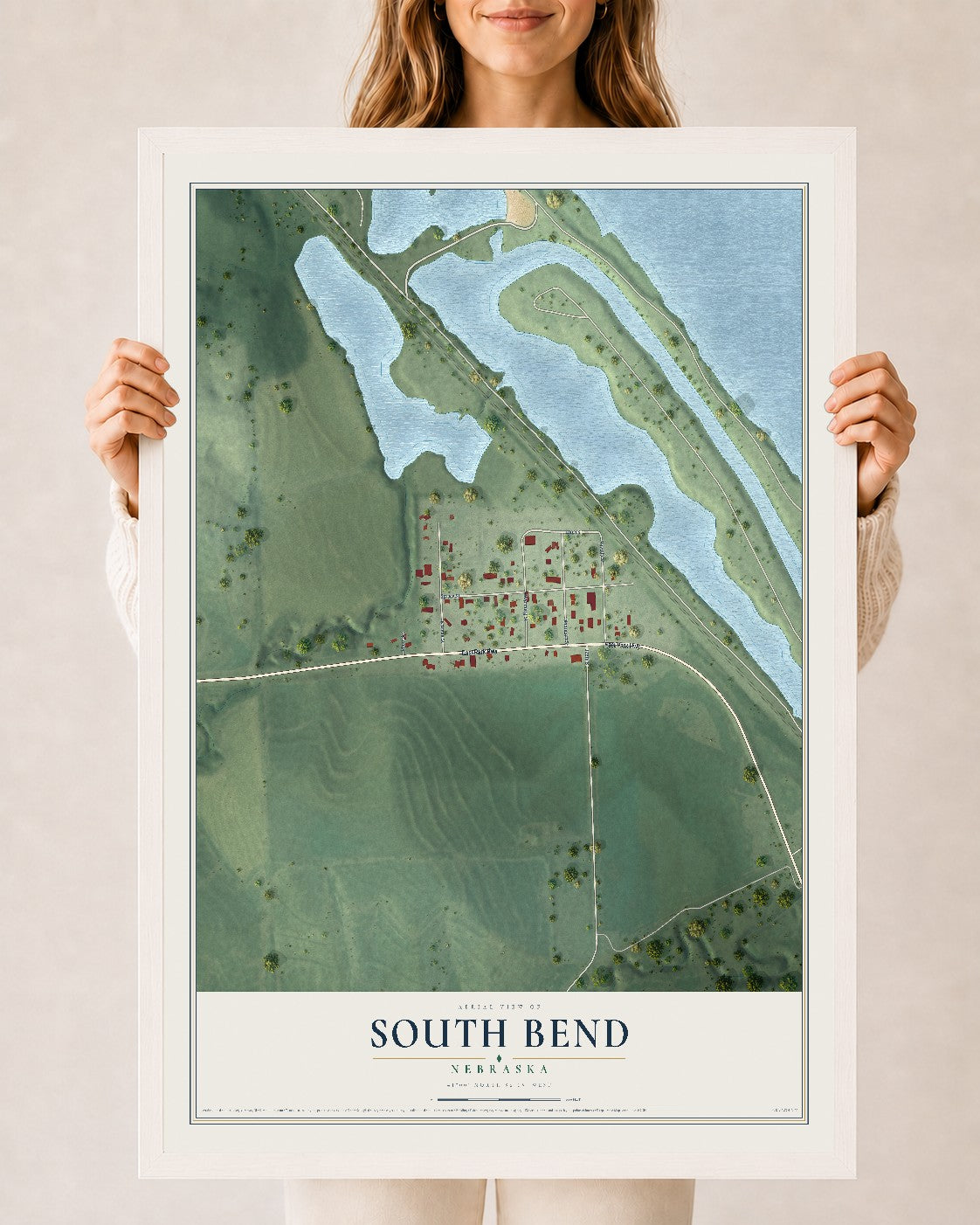 Map of South Bend, Nebraska, 24 x 36 inch print in a white wood frame