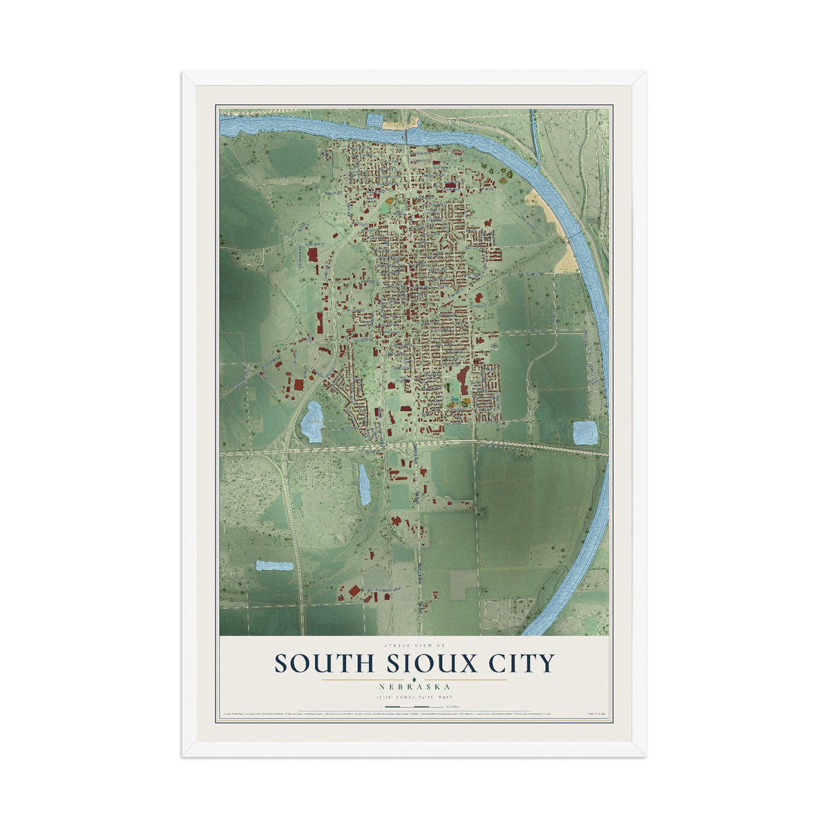 Map of South Sioux City, Nebraska, 12 x 18 inch print in a white wood frame