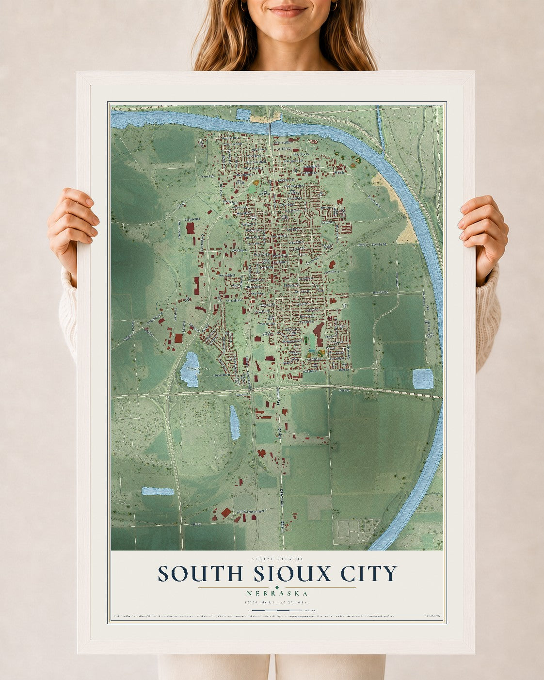 Map of South Sioux City, Nebraska, 24 x 36 inch print in a white wood frame