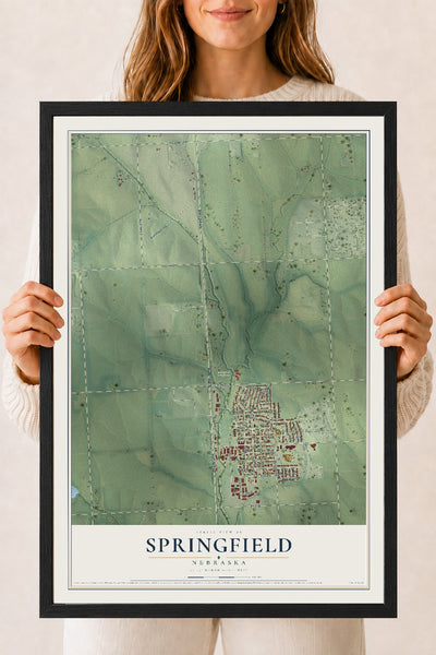 Map of Springfield, Nebraska, 18 x 24 inch print in a black wood frame
