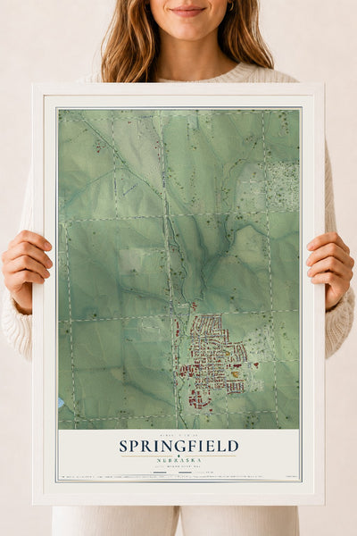 Map of Springfield, Nebraska, 18 x 24 inch print in a white wood frame