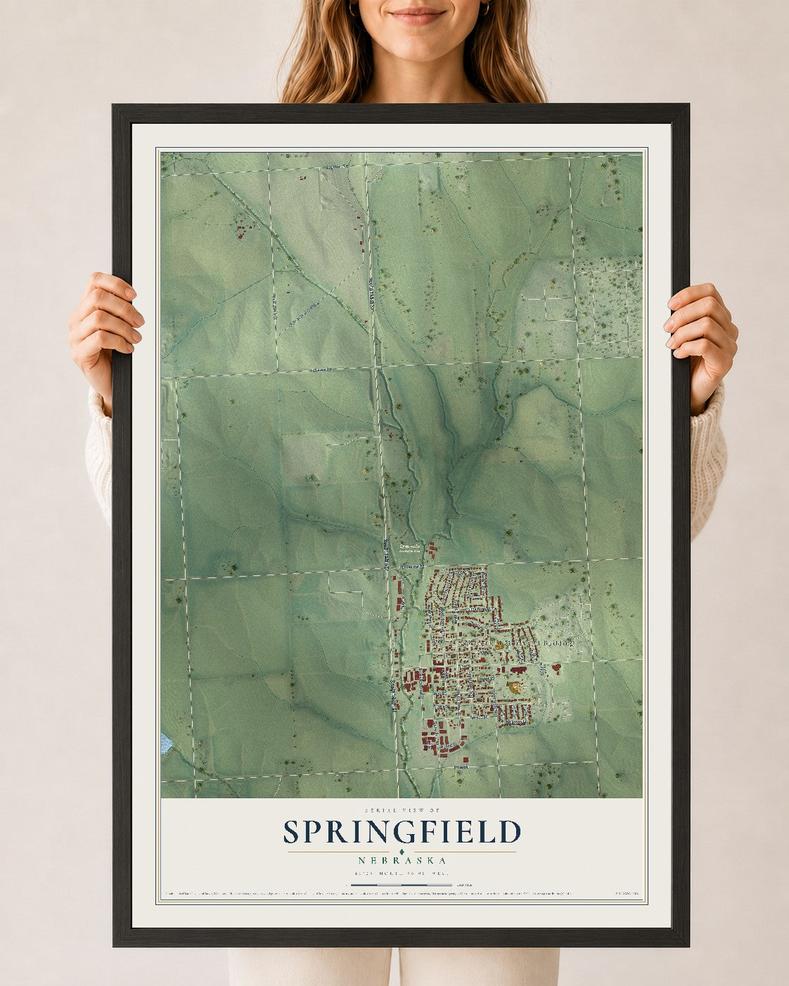 Map of Springfield, Nebraska, 24 x 36 inch print in a black wood frame
