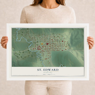 Map of St. Edward, Nebraska, 12 x 18 inch print in a white wood frame
