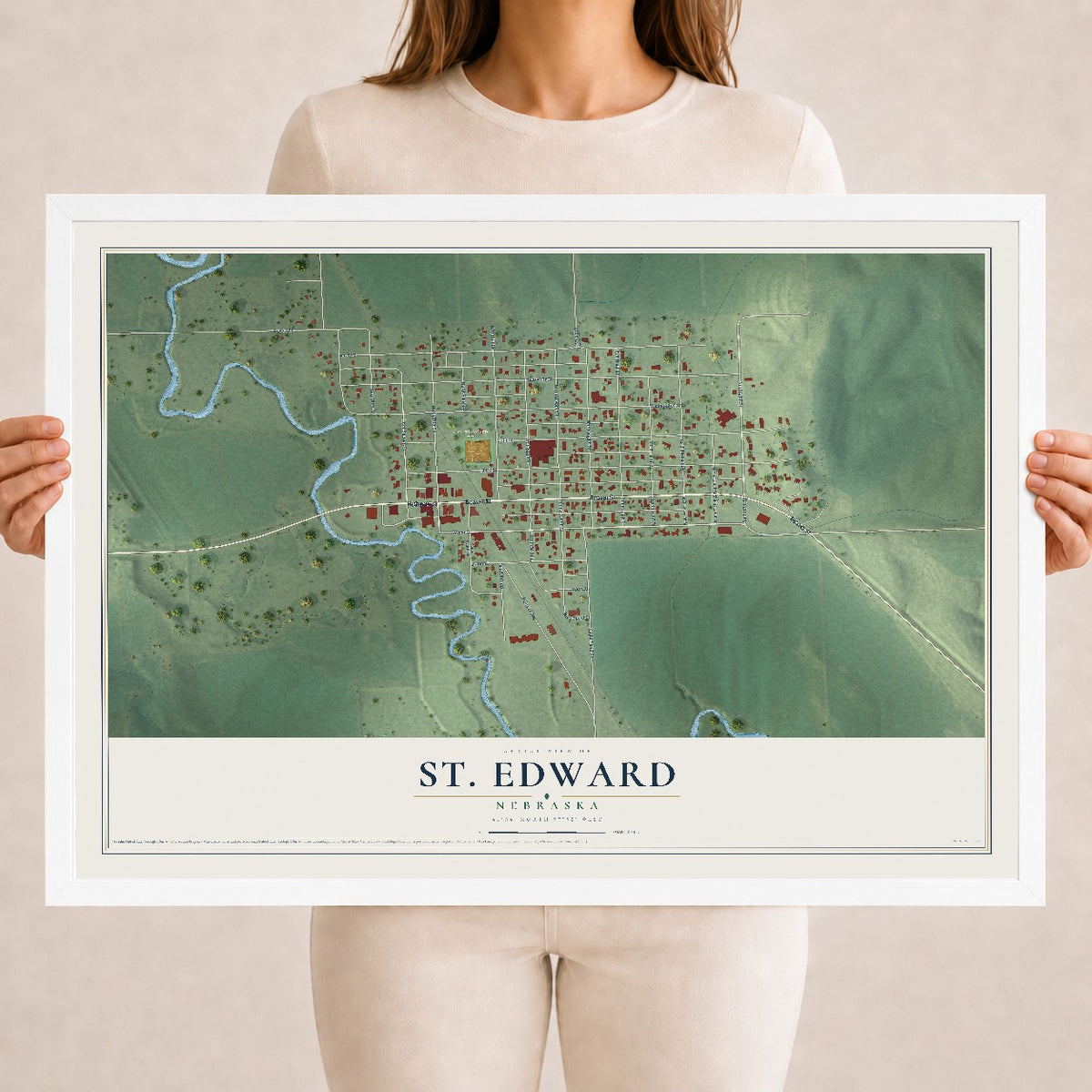 Map of St. Edward, Nebraska, 18 x 24 inch print in a white wood frame