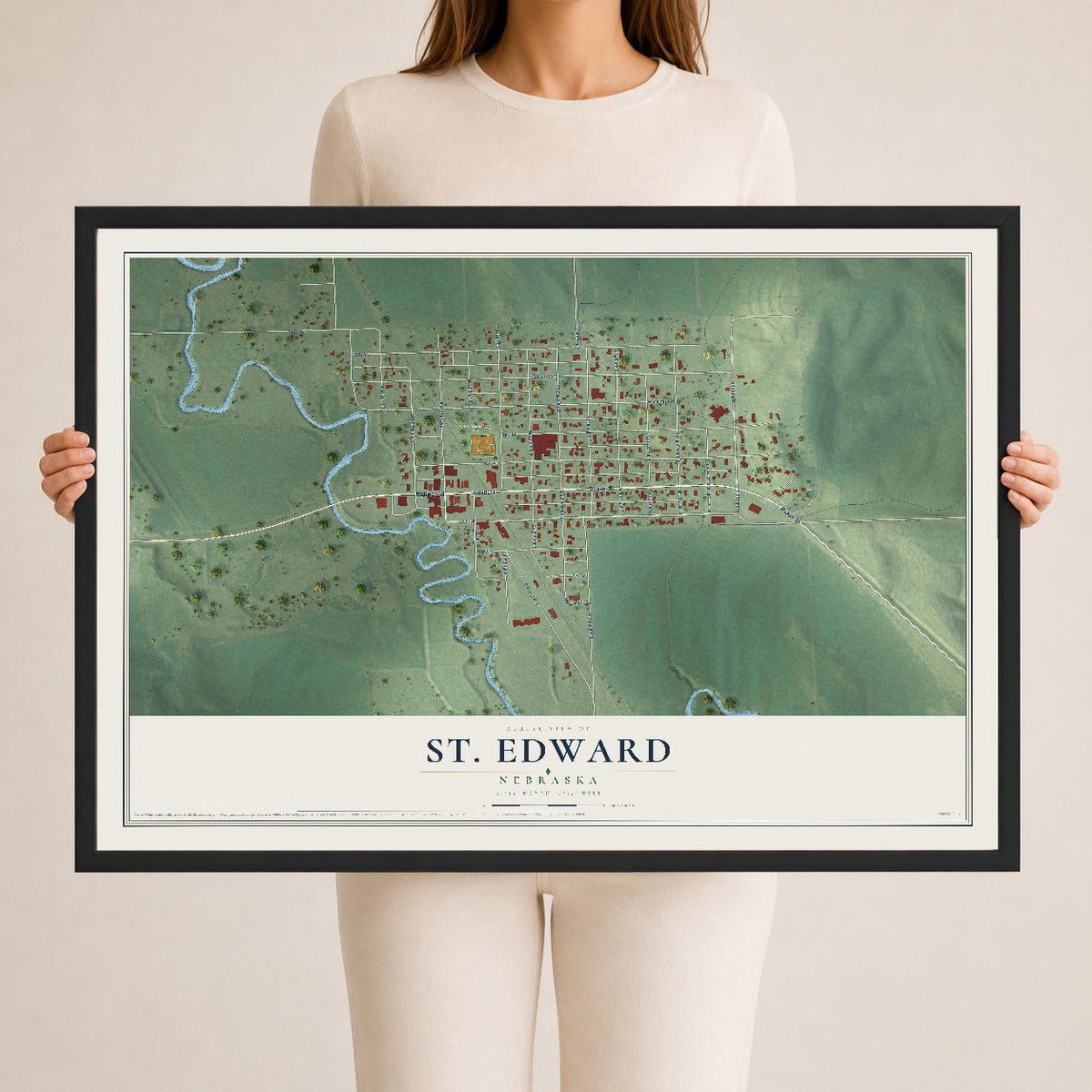 Map of St. Edward, Nebraska, 24 x 36 inch print in a black wood frame