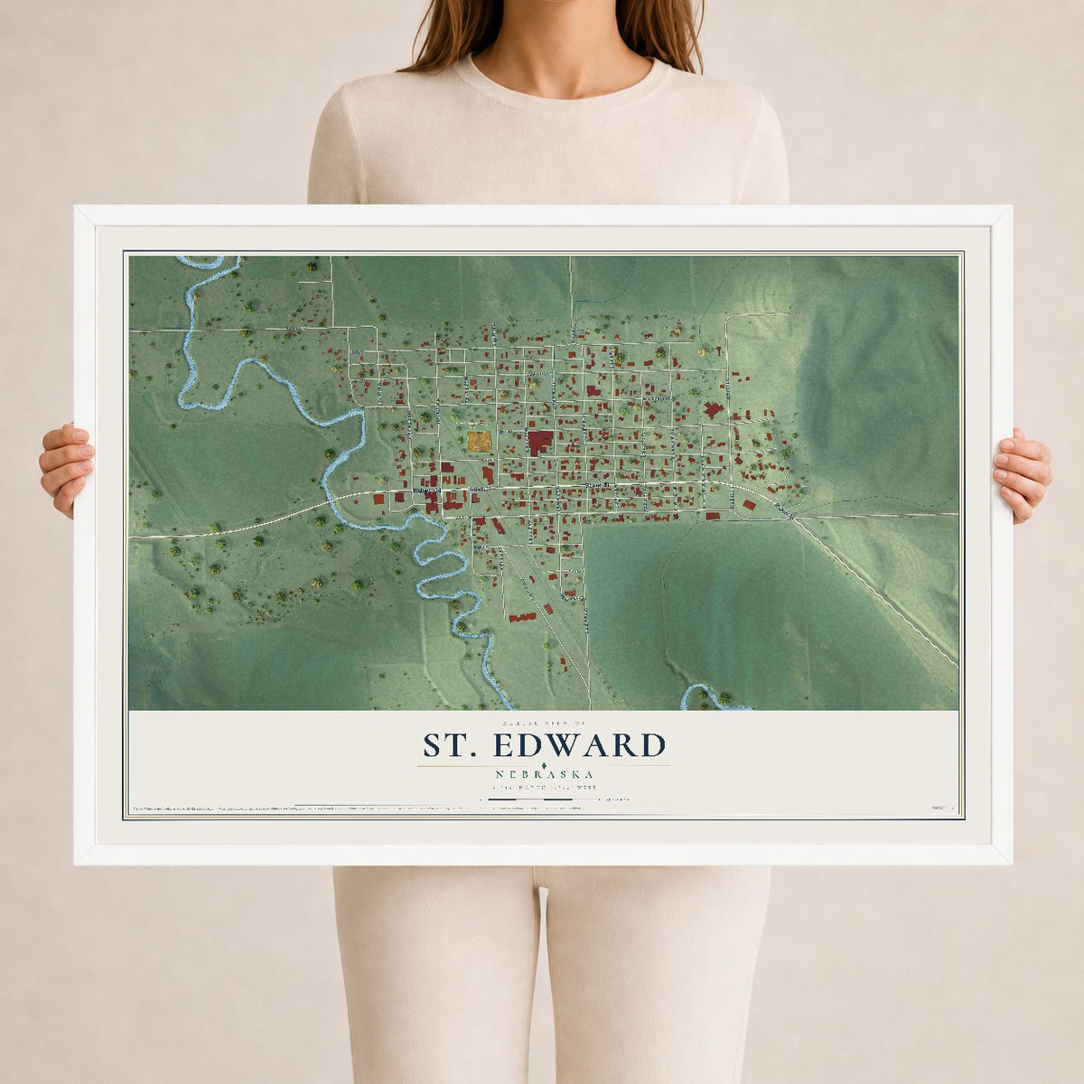 Map of St. Edward, Nebraska, 24 x 36 inch print in a white wood frame
