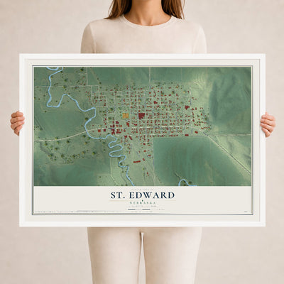 Map of St. Edward, Nebraska, 24 x 36 inch print in a white wood frame