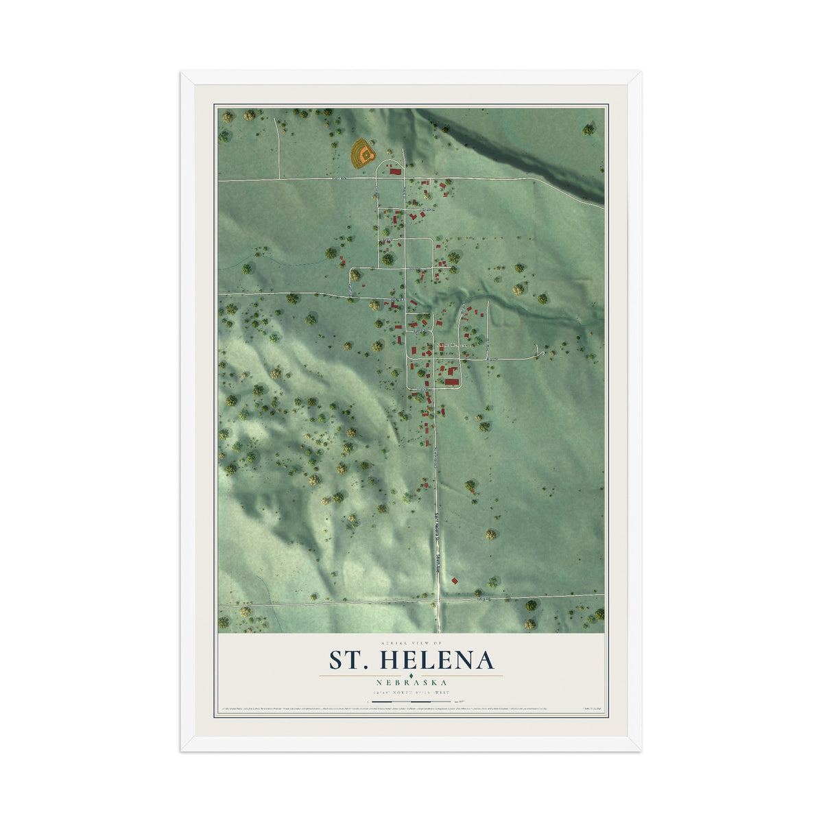 Map of St. Helena, Nebraska, 12 x 18 inch print in a white wood frame