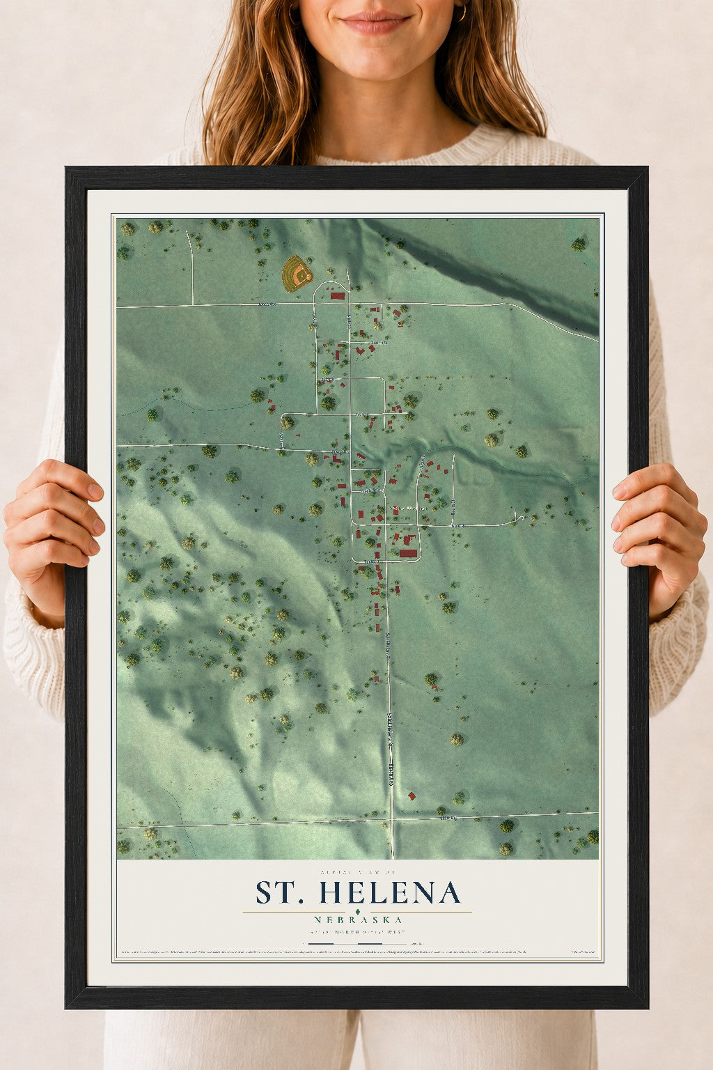 Map of St. Helena, Nebraska, 18 x 24 inch print in a black wood frame