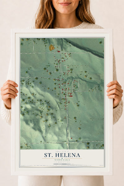 Map of St. Helena, Nebraska, 18 x 24 inch print in a white wood frame