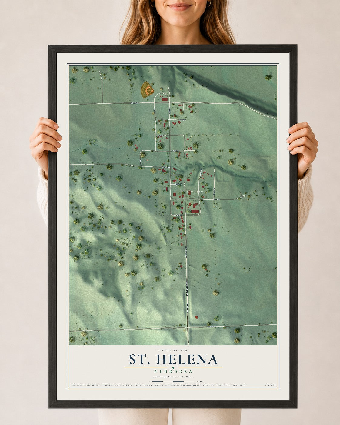 Map of St. Helena, Nebraska, 24 x 36 inch print in a black wood frame
