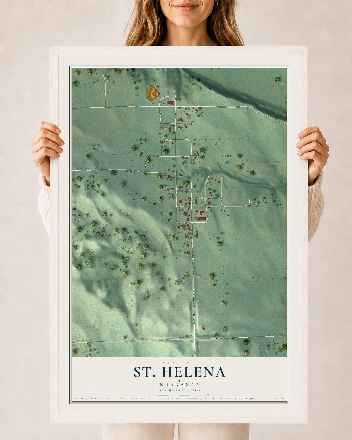 Map of St. Helena, Nebraska, 24 x 36 inch print in a white wood frame
