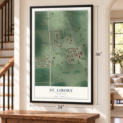 St. Libory, Nebraska map, 24 x 36 inch print in a black frame by a staircase
