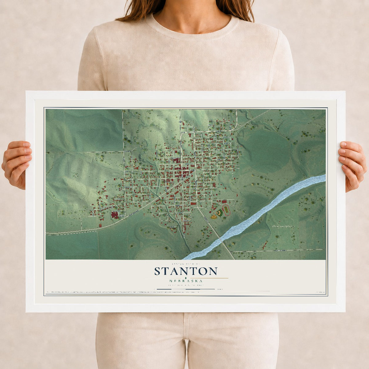 Map of Stanton, Nebraska, 12 x 18 inch print in a white wood frame